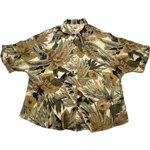 Rafaella Petites Womens Small Tropical Palm Leaf Button Down Rayon Shirt Olive